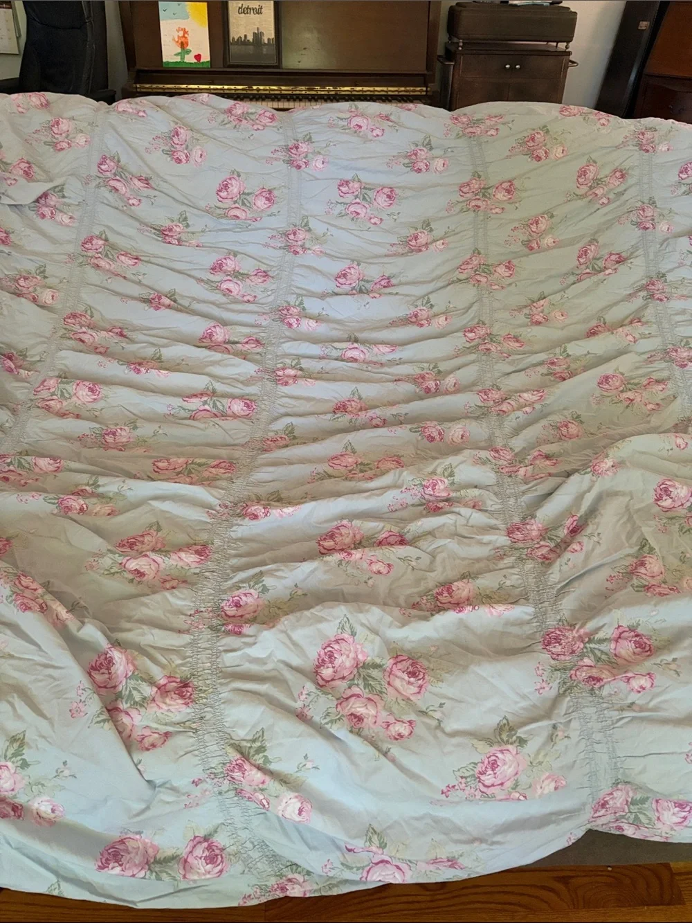 Shabby Chic Pink Rose Floral Comforter on Sage-Green